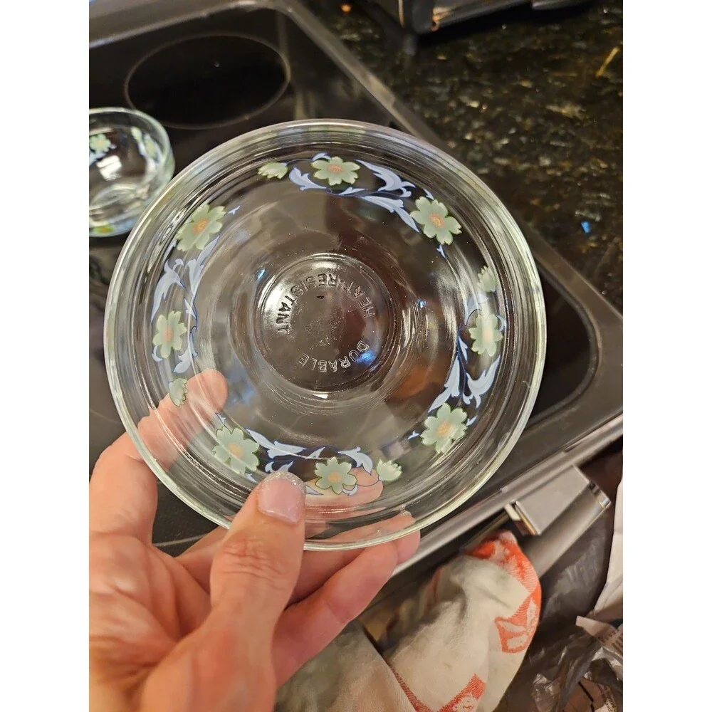 Set Of 4 Imperial Glass Green Sunflower Blue Leaves Nesting Bowls EUC